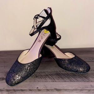 Black lace heels with gold shimmer